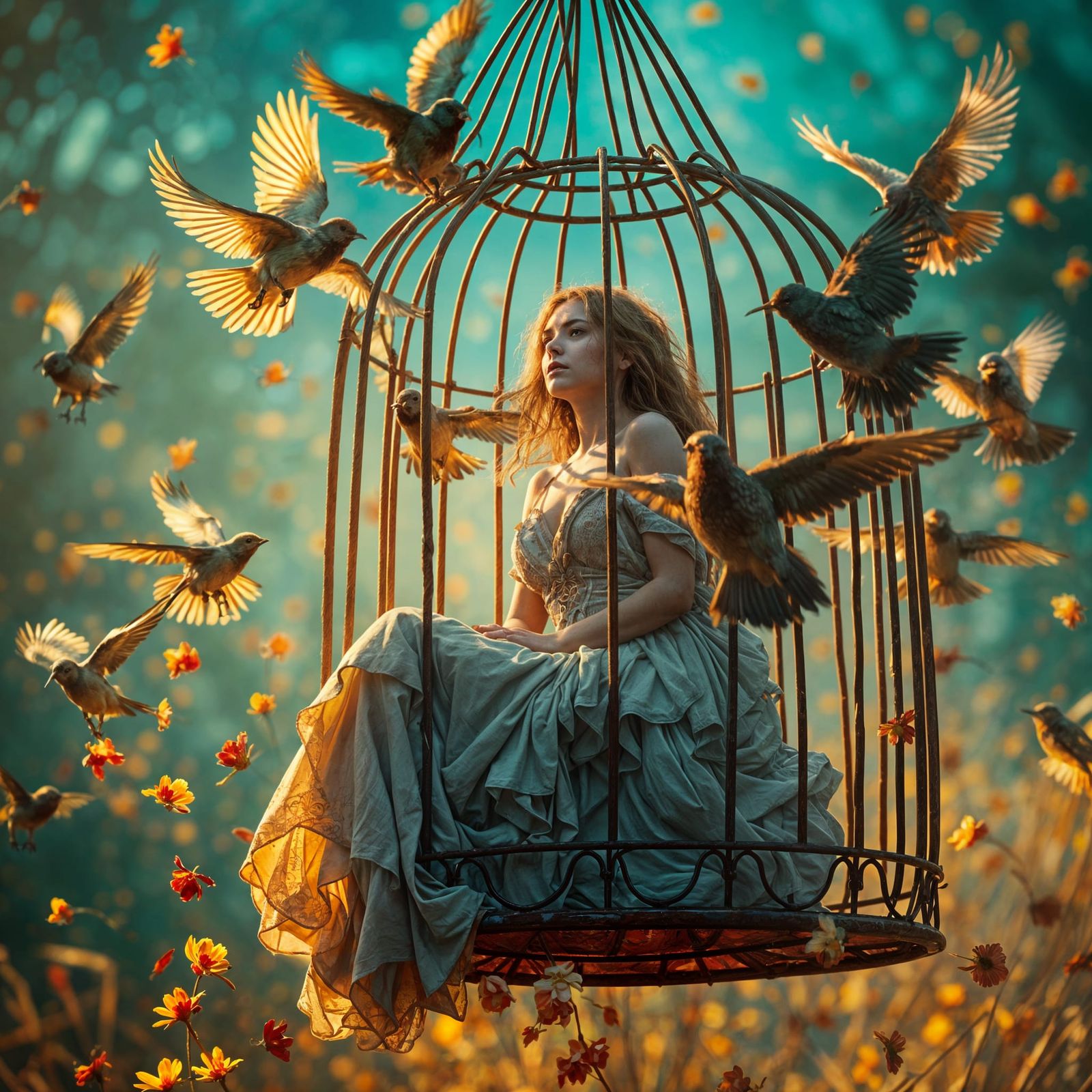 Hyperrealistic Woman in Cage with Birds and Flowers