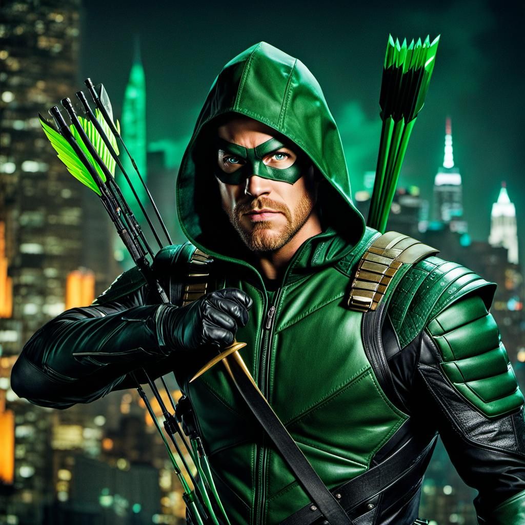 Green Arrow Battles in City at Night