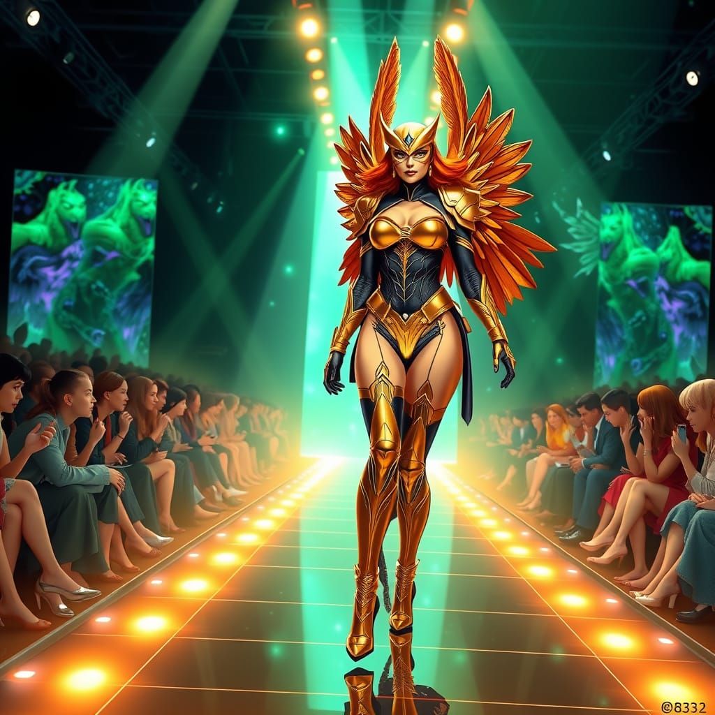 Hawkgirl Cosmic Fashion Show in Hyperrealistic Style