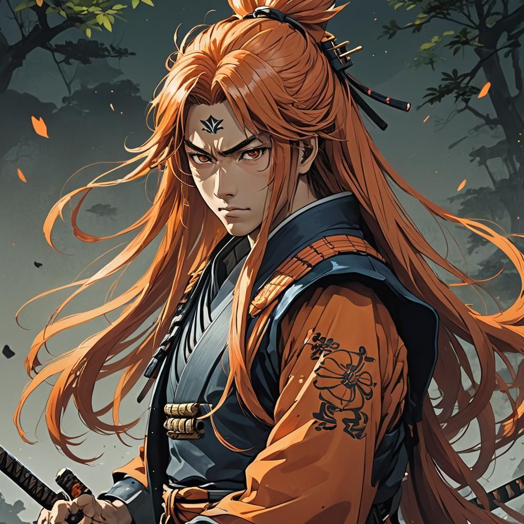 Anime Samurai with Flowing Orange Hair, Cel-Shaded Style