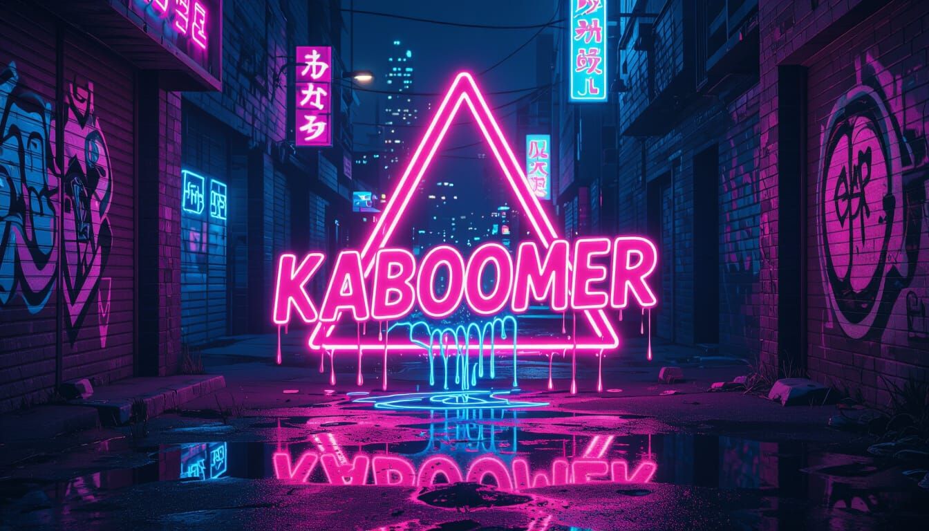 Vibrant Neon "KABOOMER" in a Synthwave Alleyway