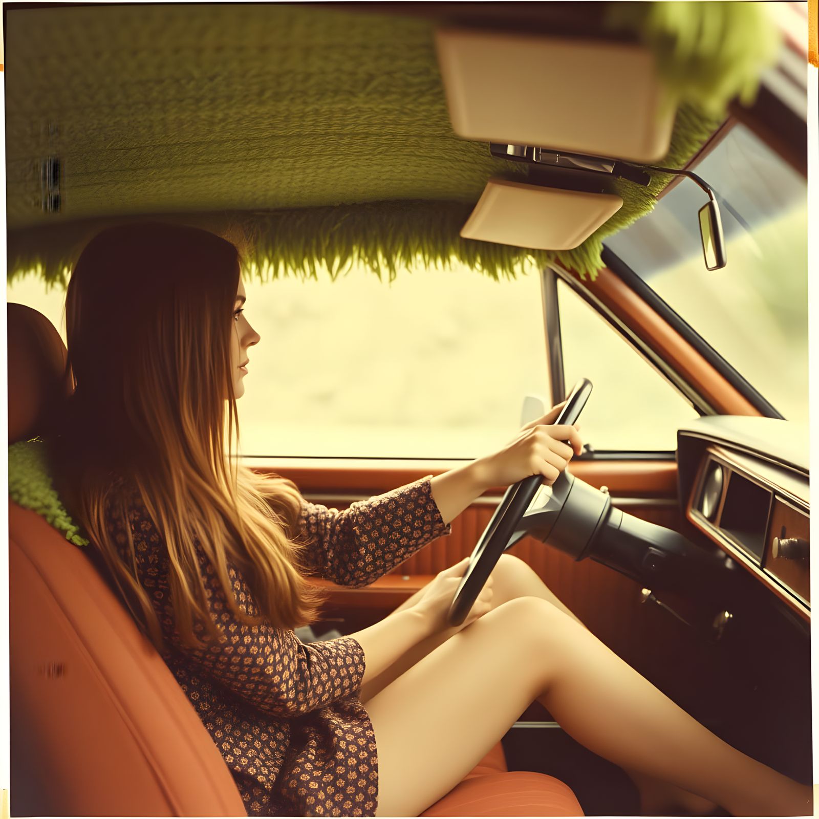 Retro Chic Woman Cruises in Vintage Car