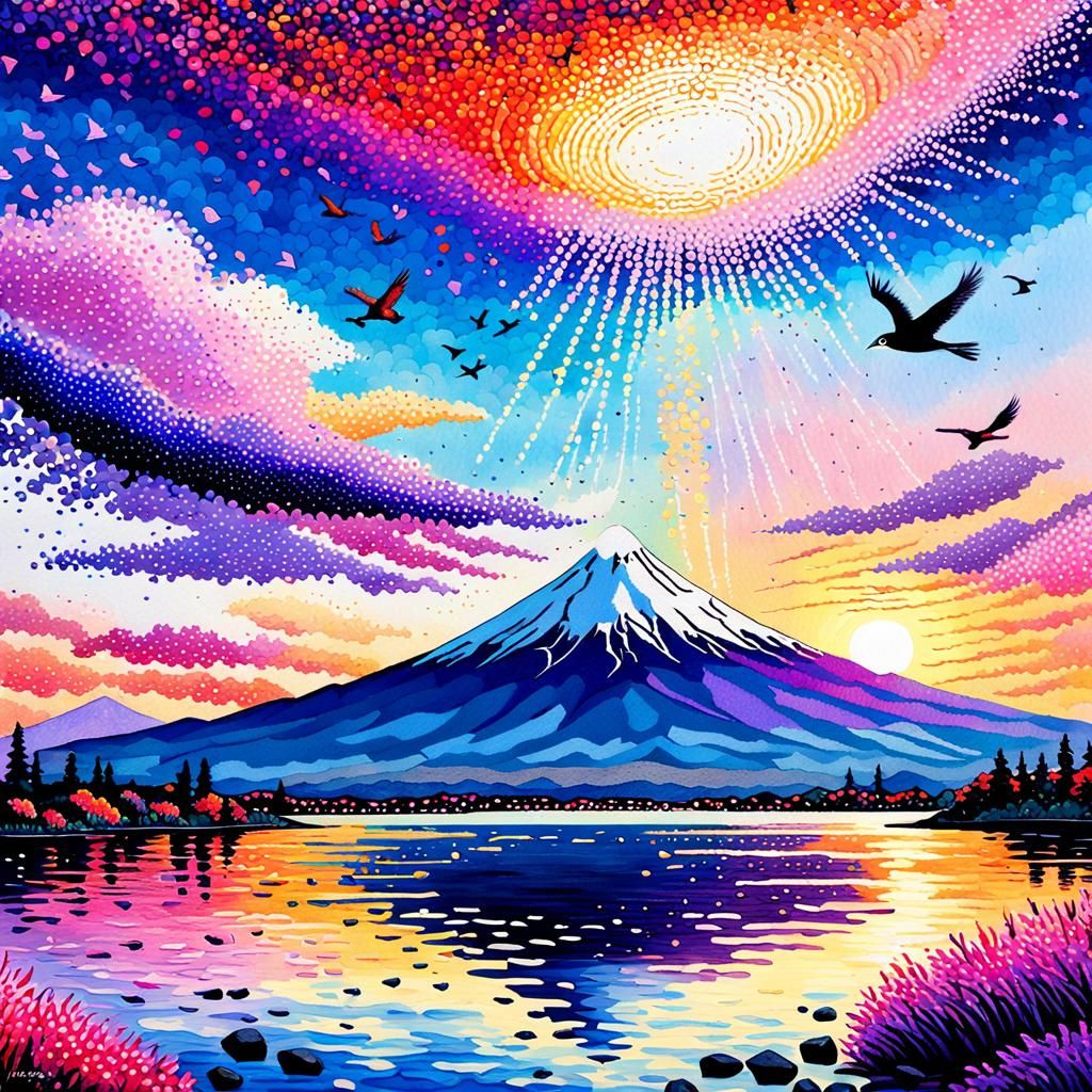 Mount Fuji in Pointillist Style with Birds in Flight