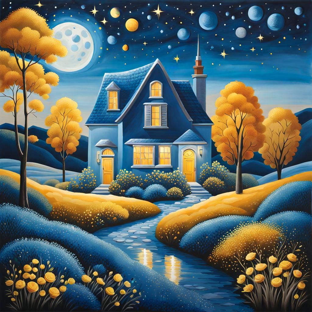Harmonious Lunar Landscape with Starry Sky, Art Brut Style