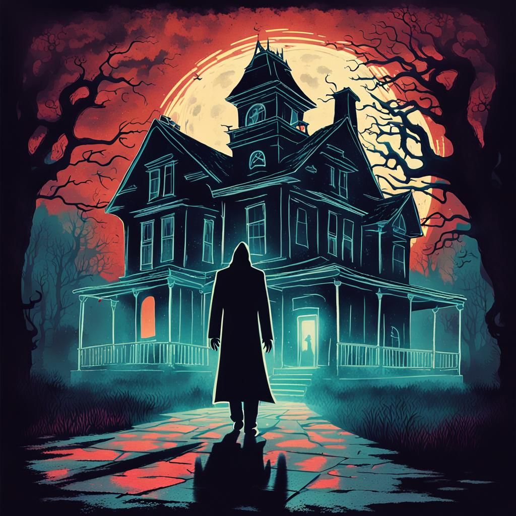 Retro Horror Movie Poster: Ghostly Figure at Dusk