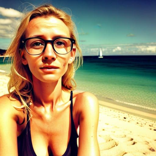 Blonde Woman Tanning Nude on French Beach