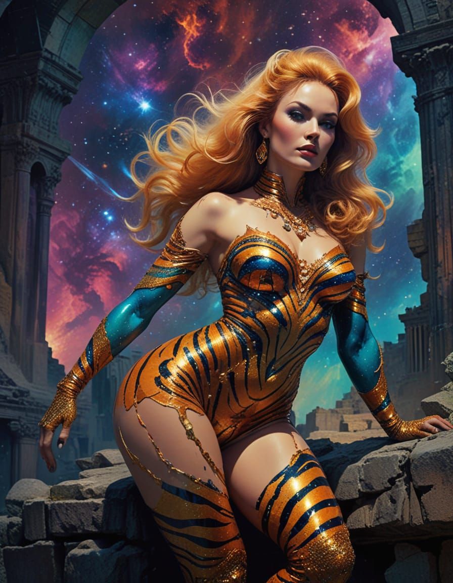 Glamorous Tiger Woman in Cosmic Ruins