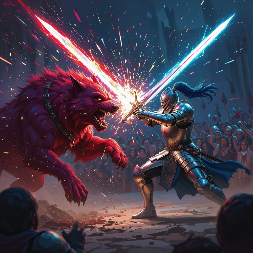 Knight Battles Monstrous Creature in Vibrant Color Explosion