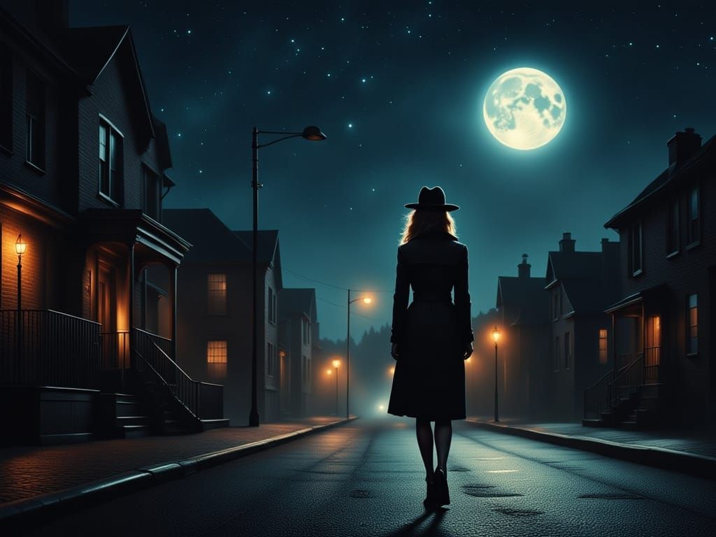 Film Noir Woman Walks City Street at Night