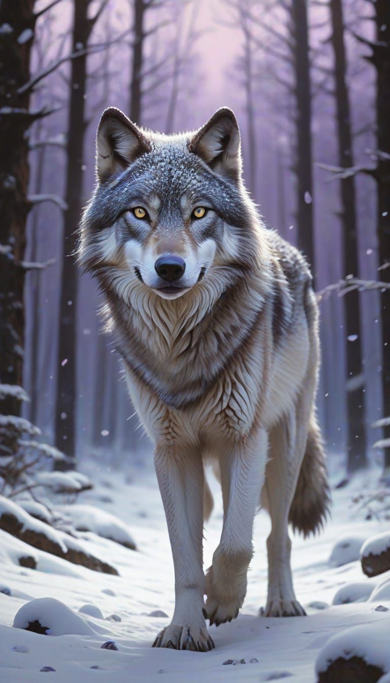 Realistic grey wolf with purple eyes walking in the forest during a blizzard.