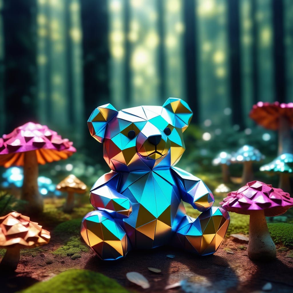Origami Foil Teddy Bear in Mushroom Forest