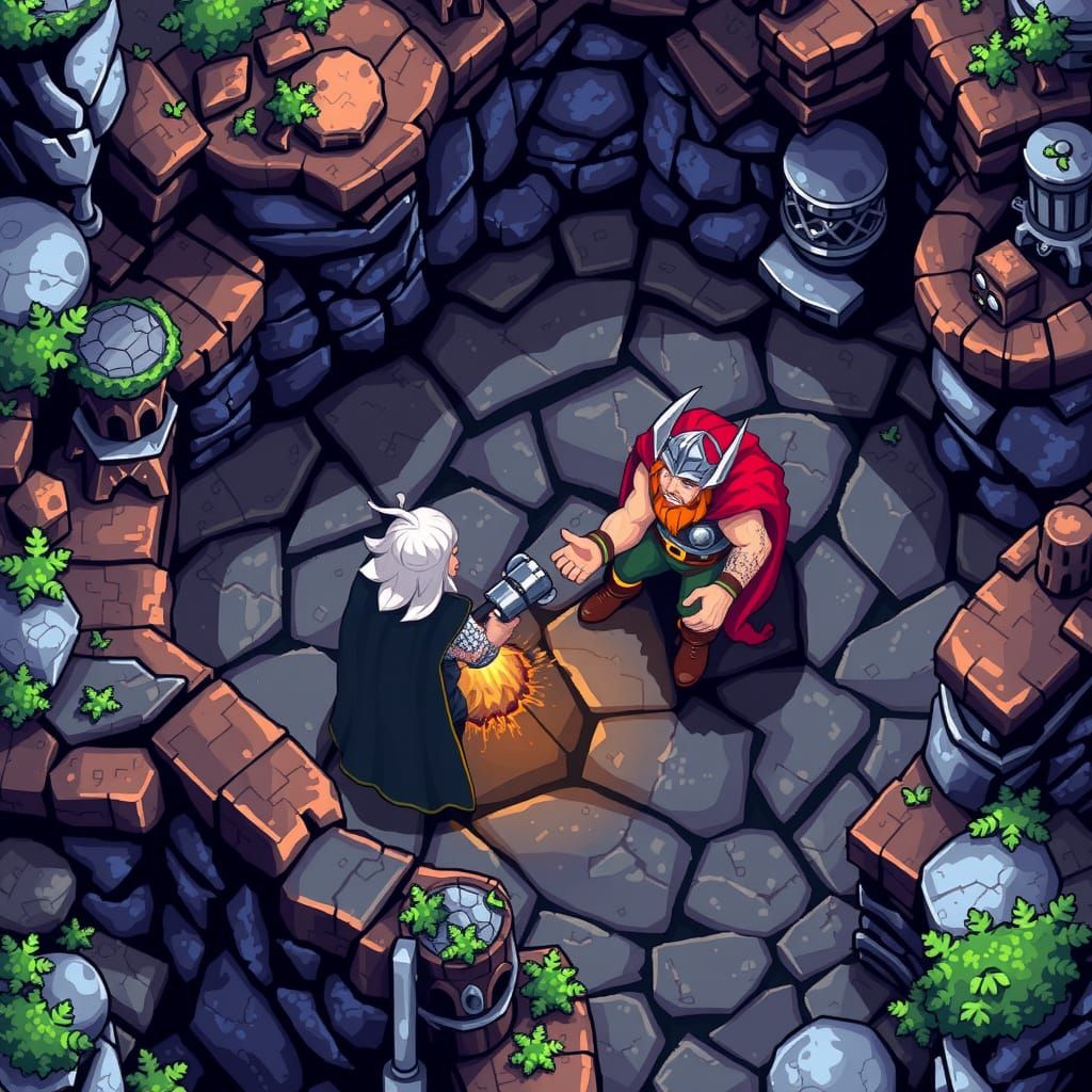 Thor Battles Loki in 8-Bit Video Game Style