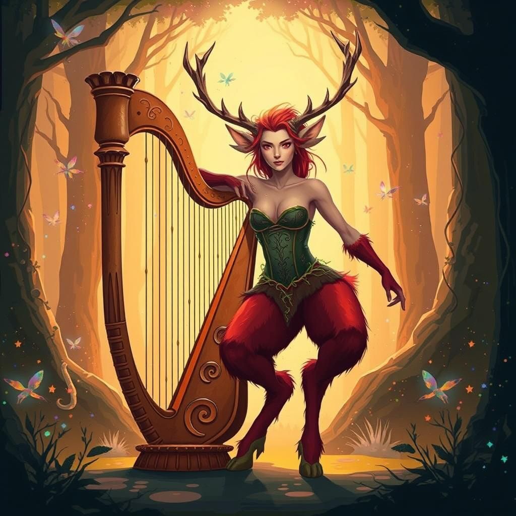 Female Faun Dancing in Forest, Vector Art