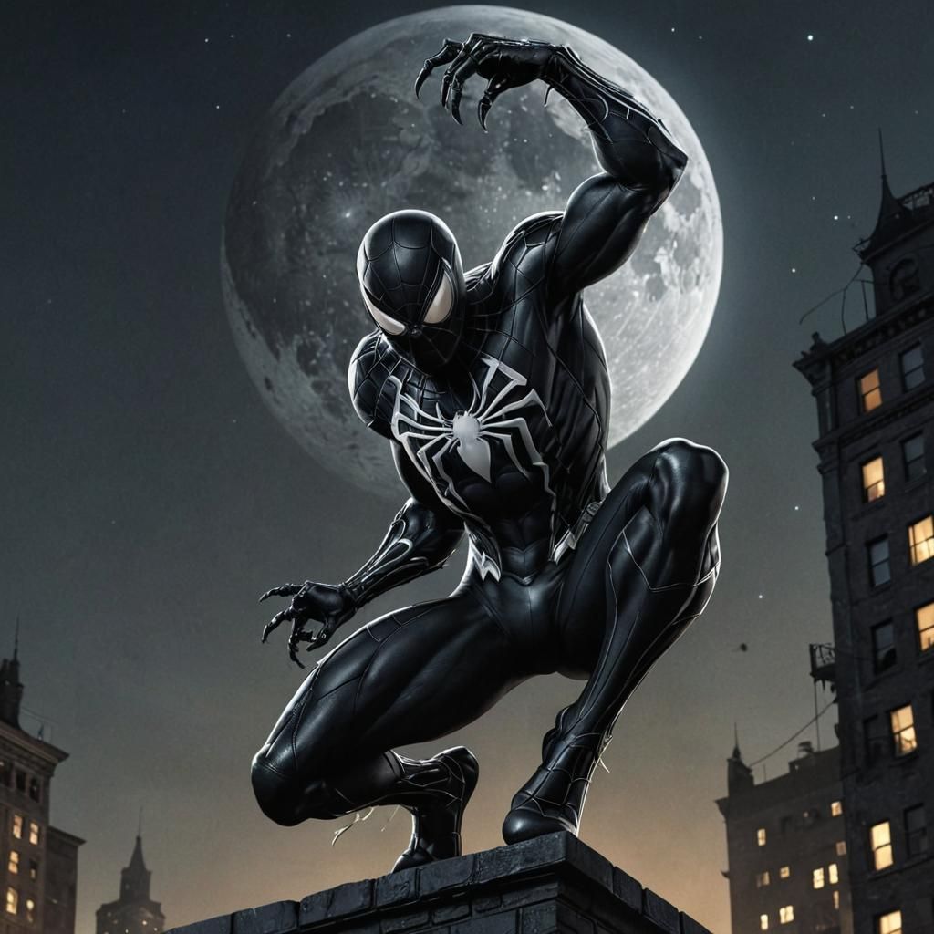 Venom Spiderman Leaping Across Rooftop in Noir Comic Style