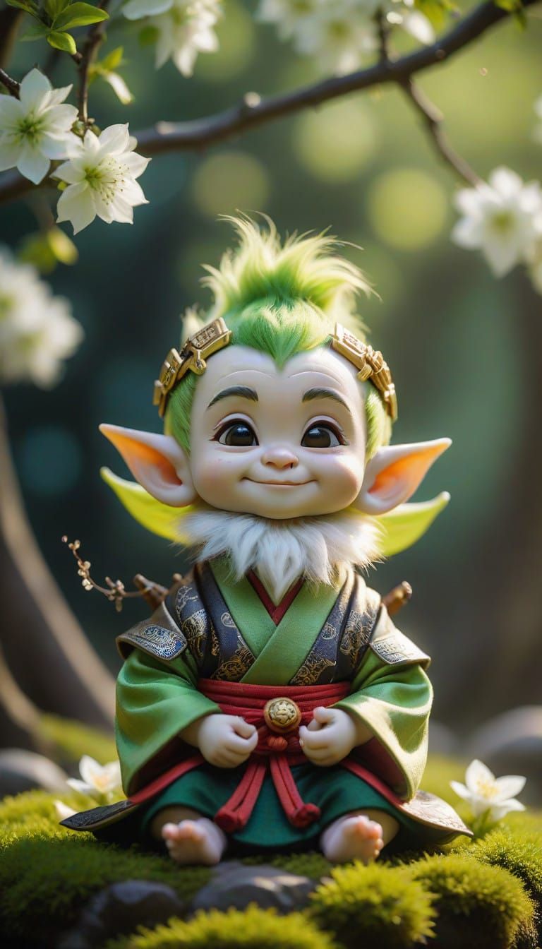 Miniature Samurai Elf Meditates Under Blossom Tree