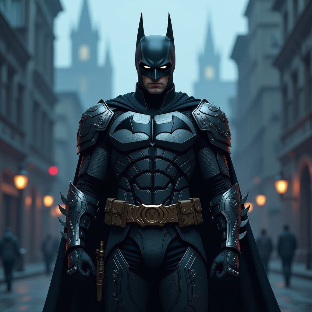 Batman in Ornate Azguard Armor in Gothic Cityscape