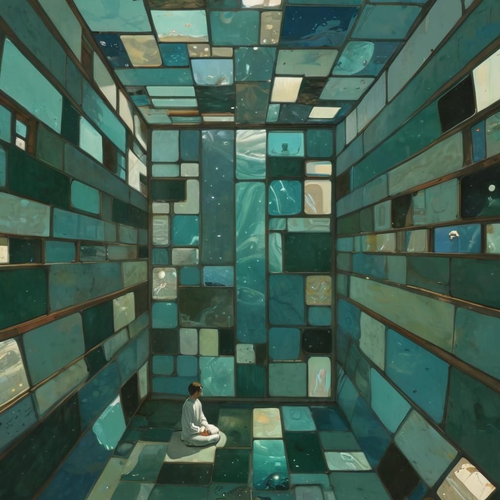 Meditator in Glass Room, Moebius Sci-Fi Style