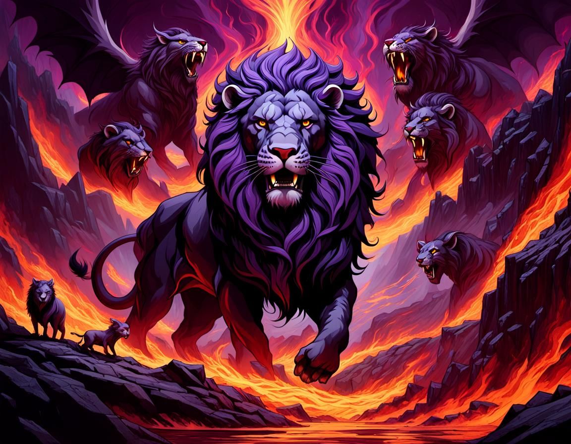 Dark Lion Confronts Evil Horde in Hellish Landscape