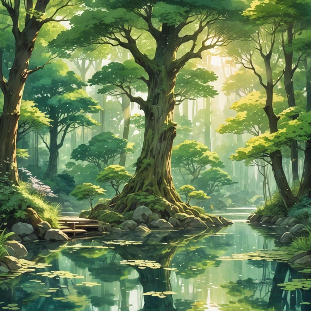 Anime Style Forest Scenery with Pond