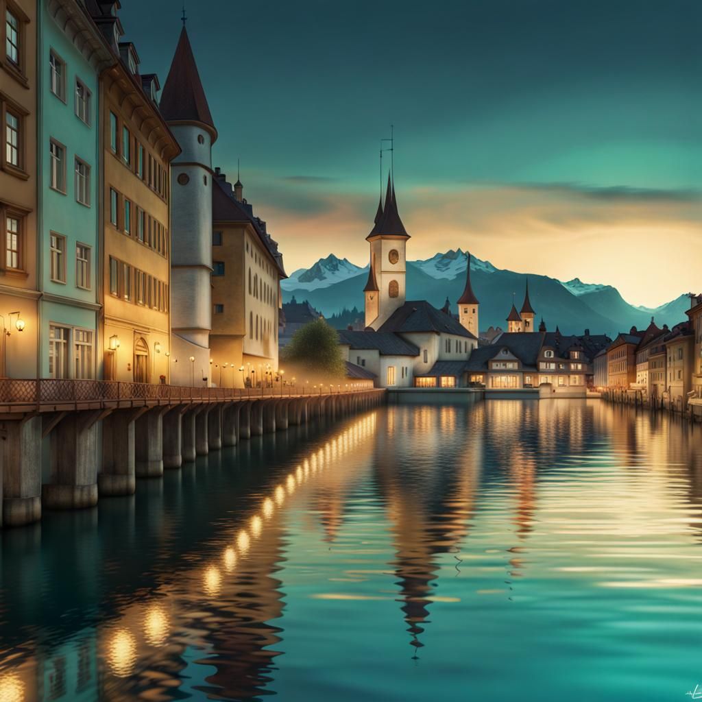 Twilight Lucerne Reflections in Digital Illustration