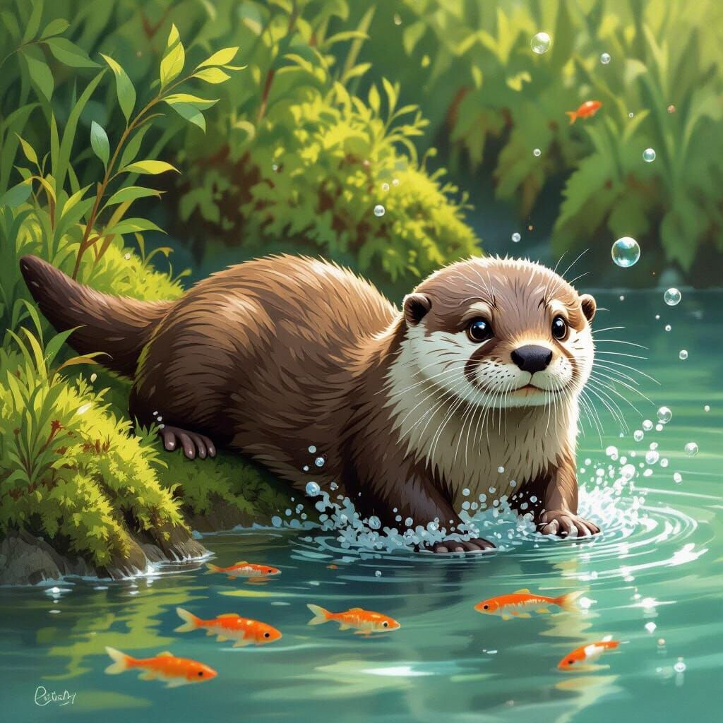 Mossy Otter Frolics in Ghibli-esque Riverbank