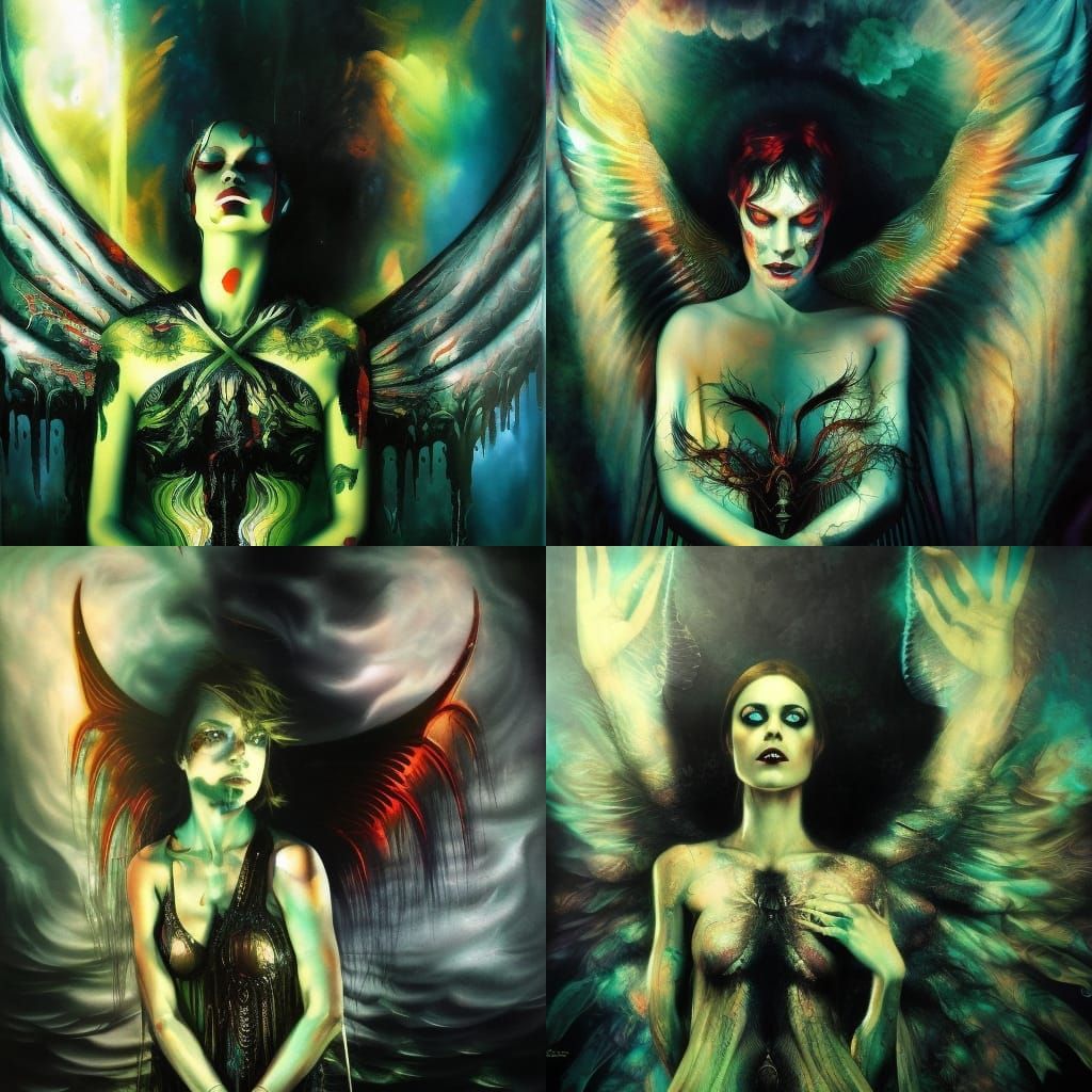 Demonic Angel Shining Above Dark Water in Surreal Style