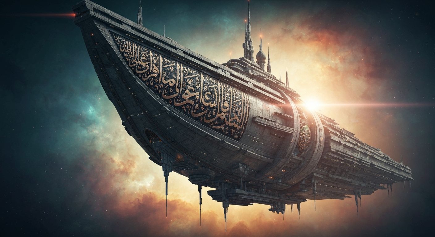 Ancient Spaceship with Islamic Calligraphy in Nebula