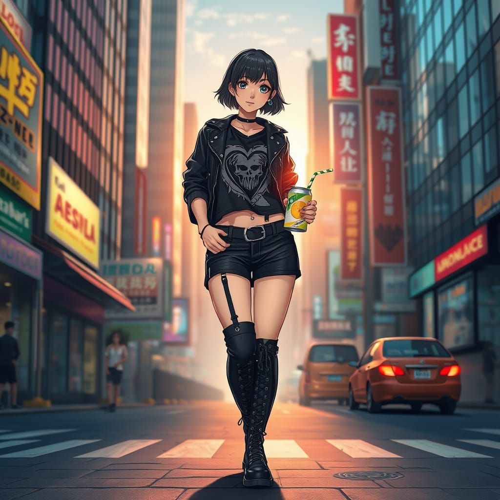 Edgy Anime Emo Girl Stands Tall in City Streets
