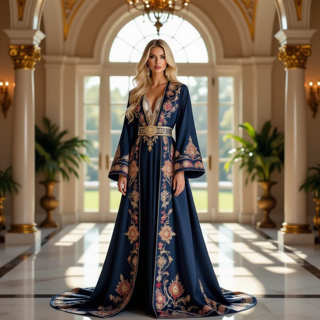 Regal Blonde Woman in Opulent High-Fashion Abaya