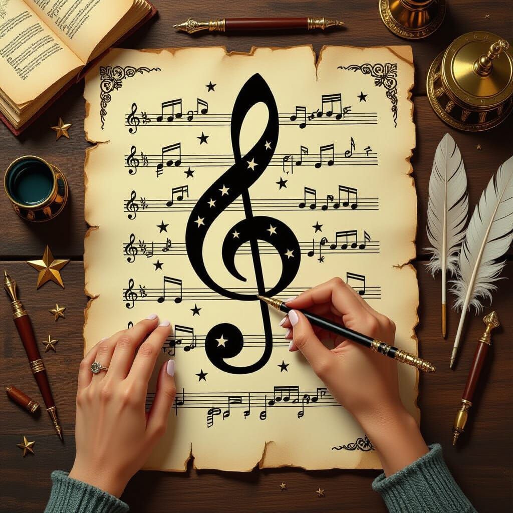 Retro Music Composition with Ornate Treble Clef
