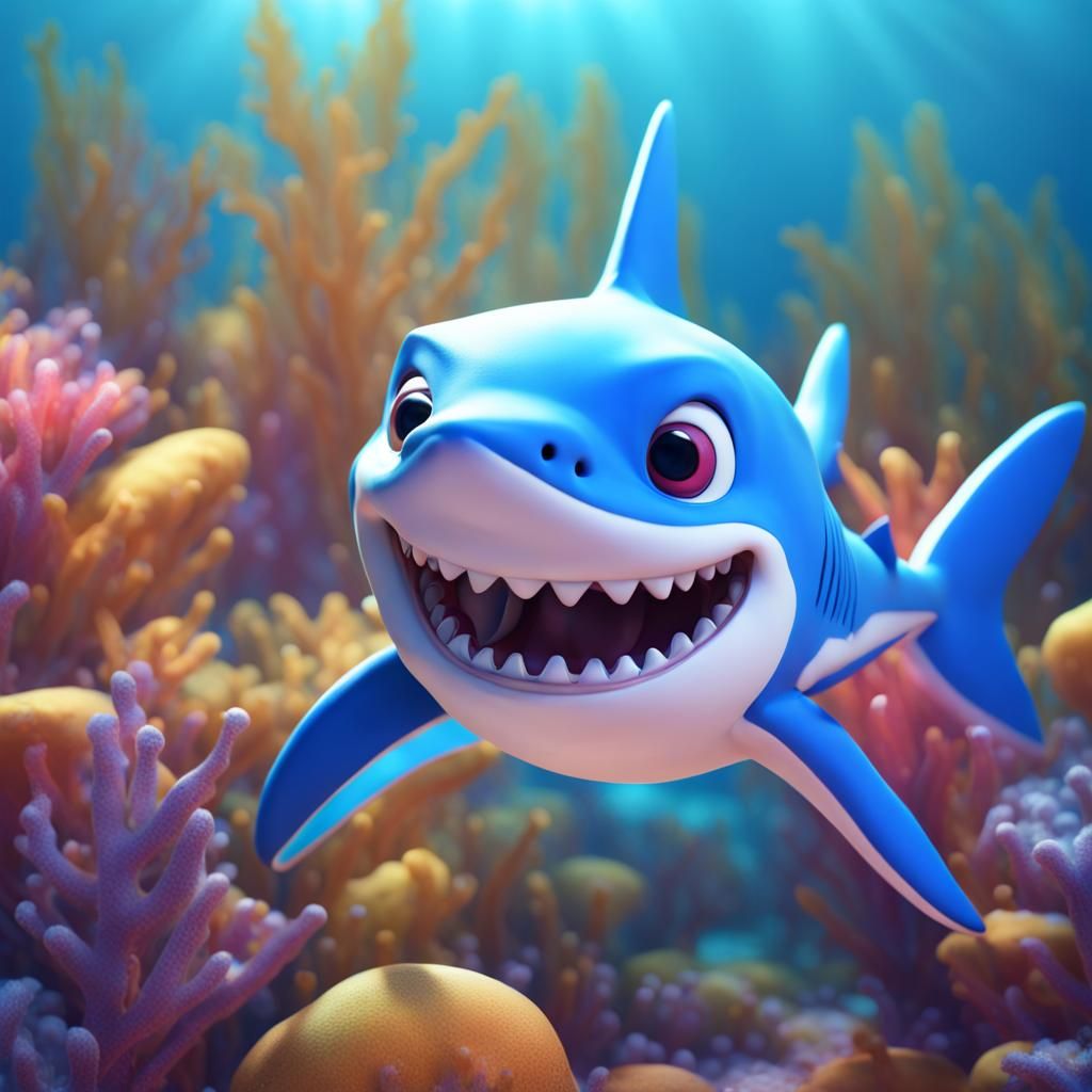 Smiling Blue Baby Shark Swimming Underwater as 3D Art