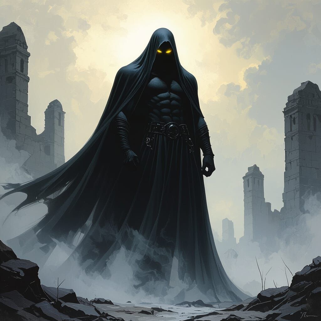 Enigmatic Veiled Figure in Dark Fantasy Landscape