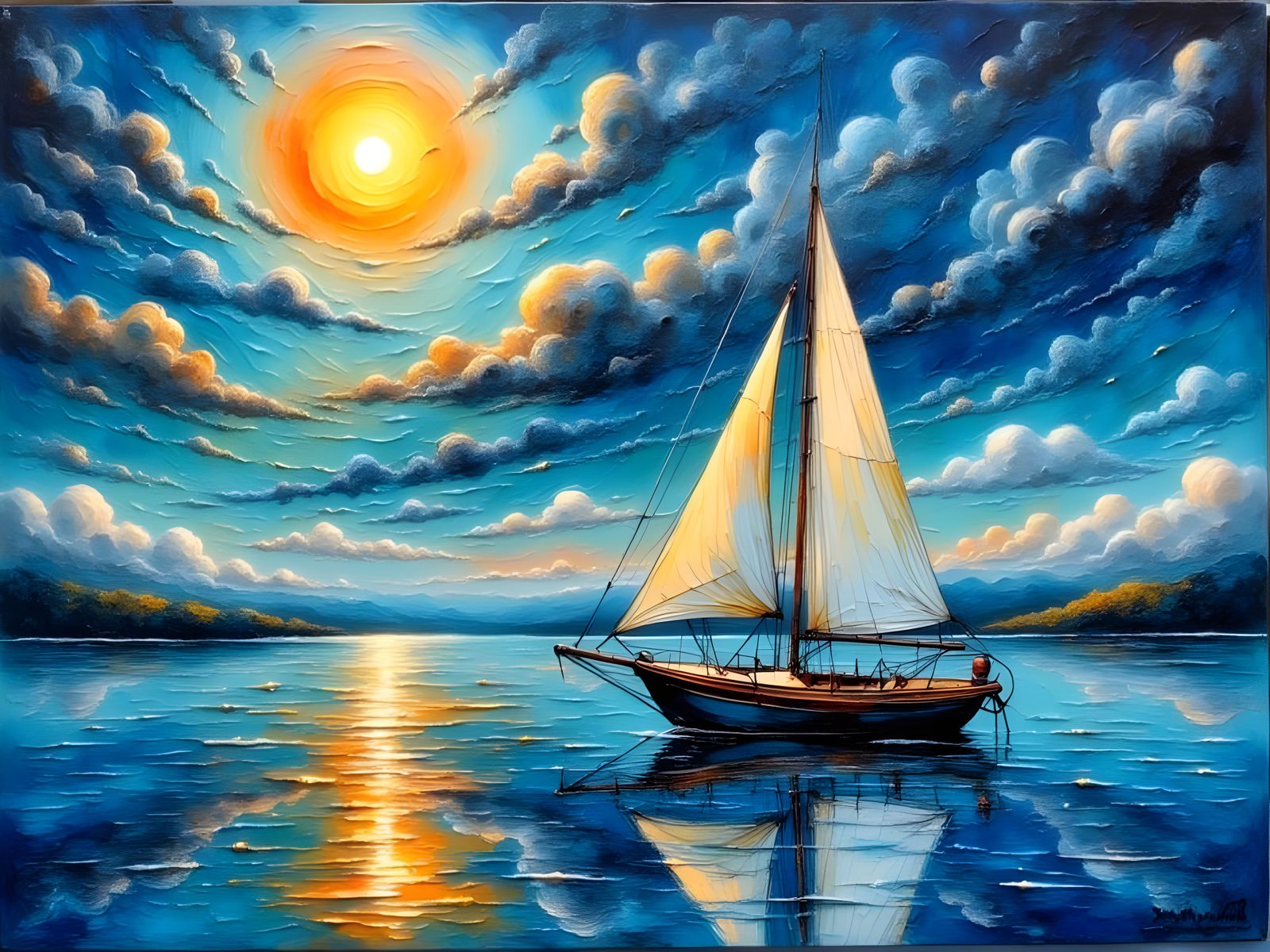 Sailboat with Impasto Texture Under Swirling Sky