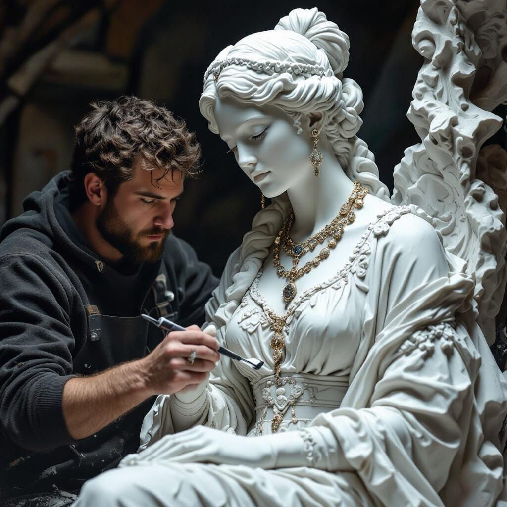 Sculptor Carving Marble Statue with Ornate Details