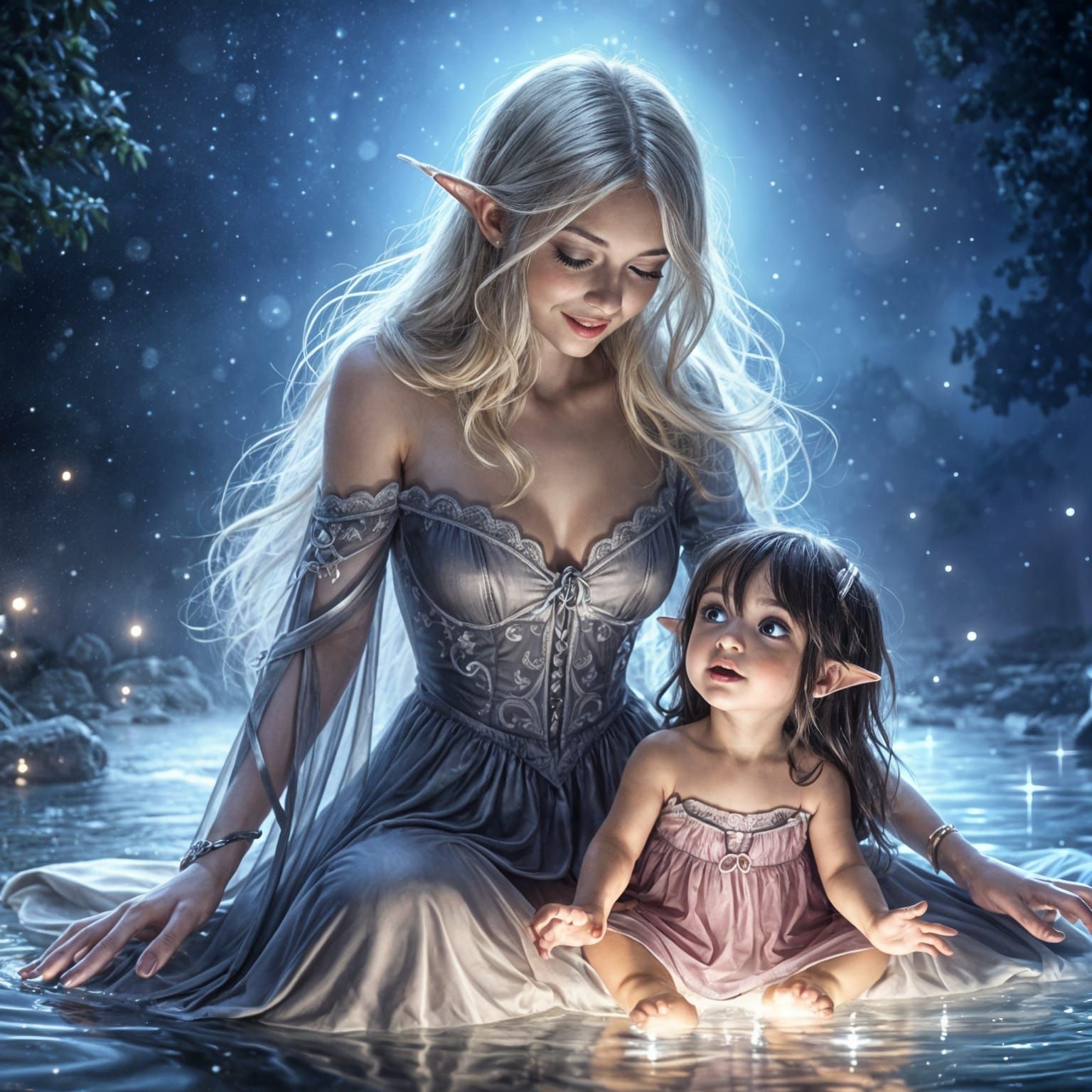 Mother and Elven Child in Hyperrealistic Style
