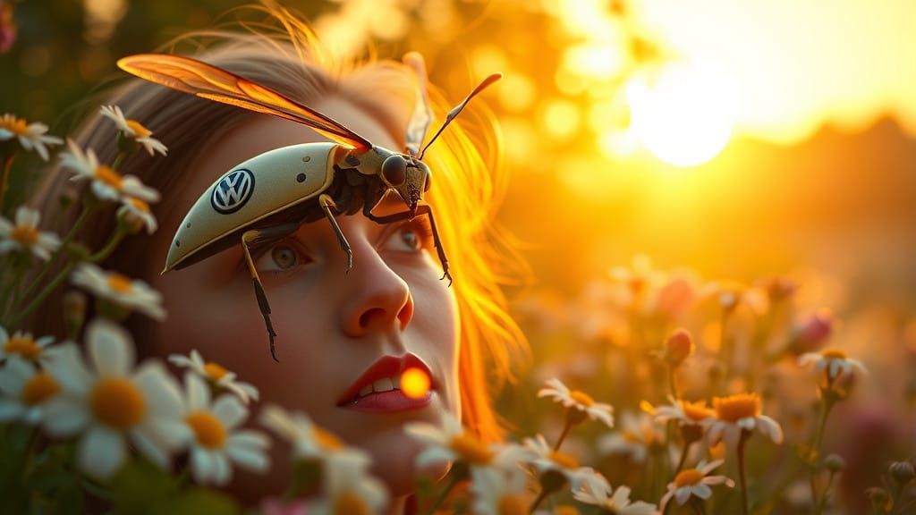 Insect Volkswagen Beetle Surprises Woman in a Floral Sunrise...