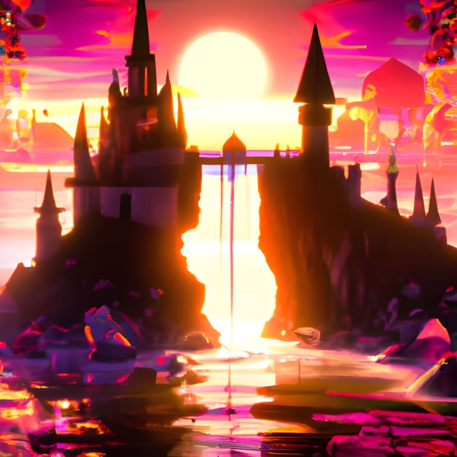 Magical Castle Sunset in Retro Art Style