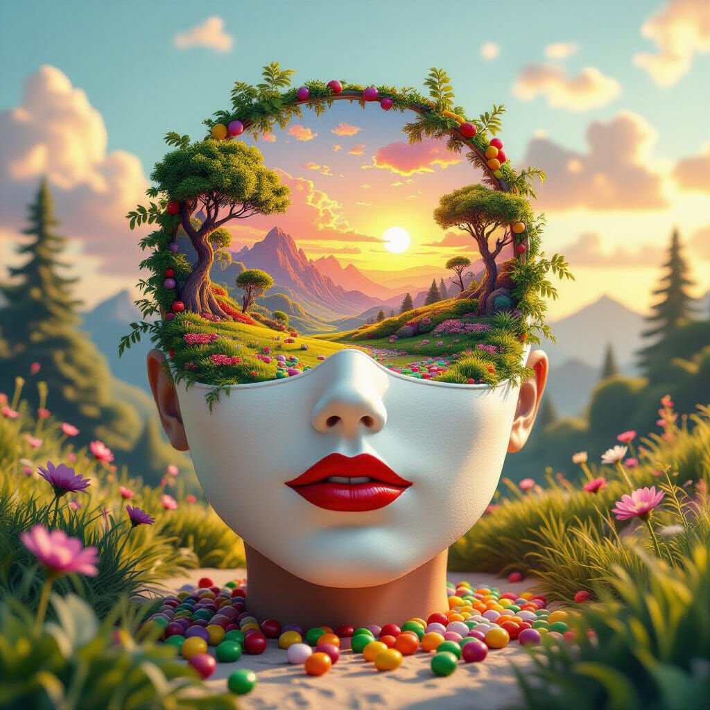 Candy Landscape on Mask at Sunset