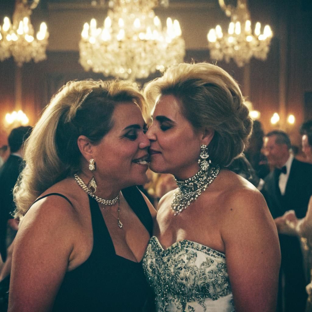 Elegant Women Share Romantic Kiss in Lavish Ballroom