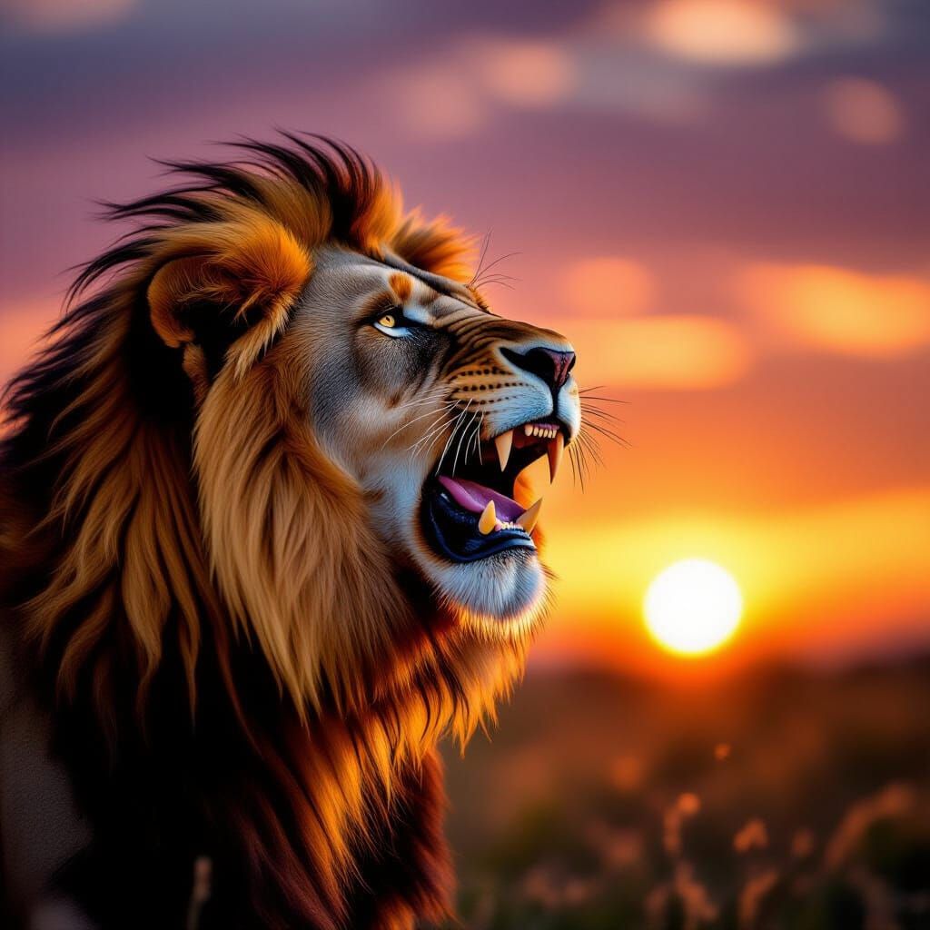 Majestic Lion Roaring at Golden Hour Savanna Sunset
