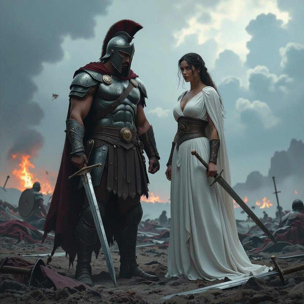 Ares and Athena on a Dystopian Battlefield