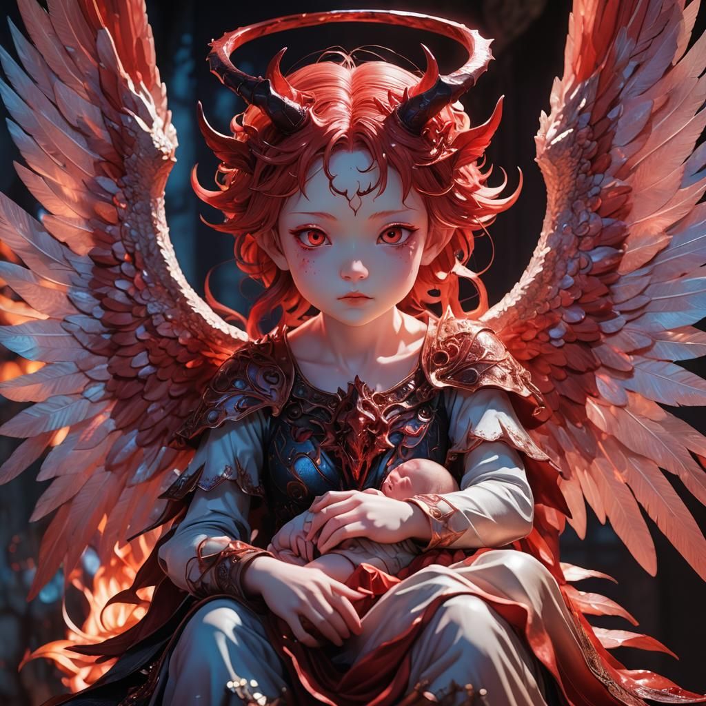 Demonic Entity Protecting Angel: Anime-Inspired 3D Art