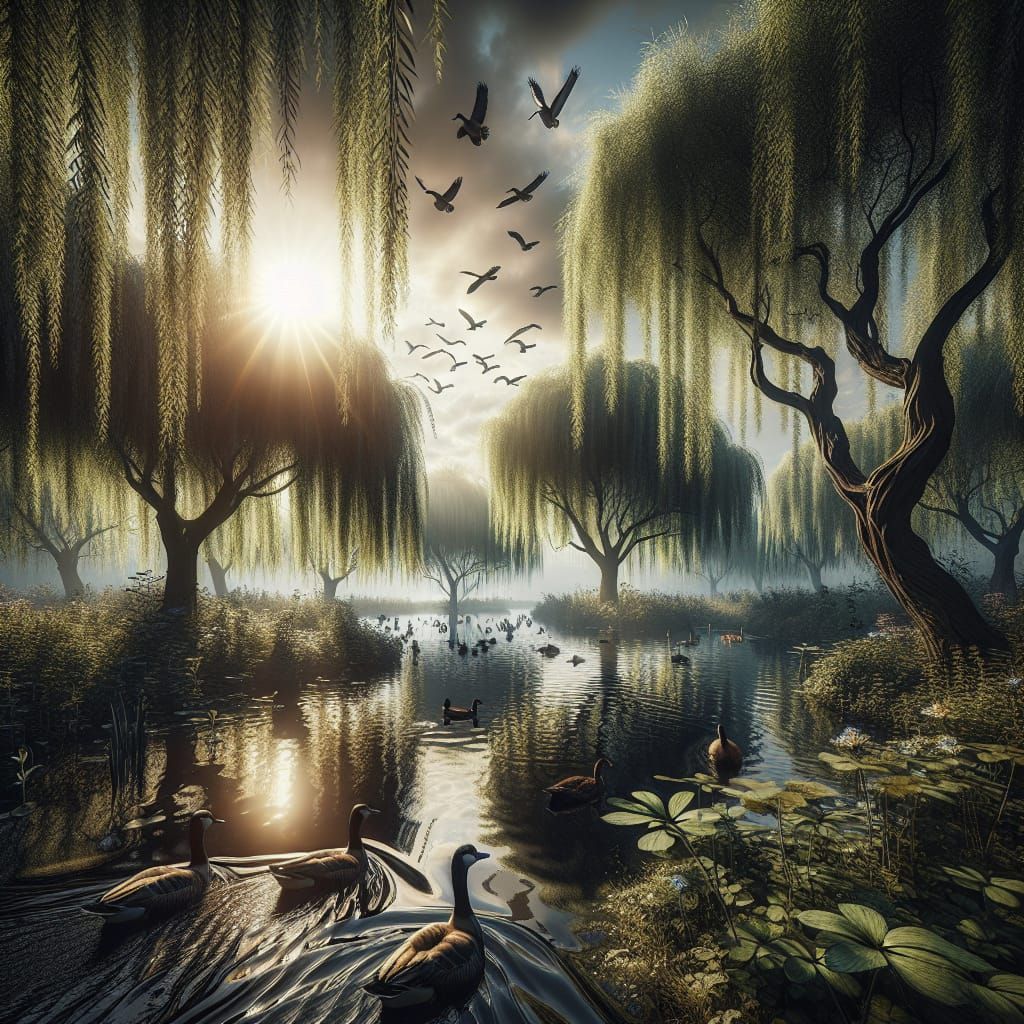 Hyperrealistic Landscape with Willow Trees and Waterfowl