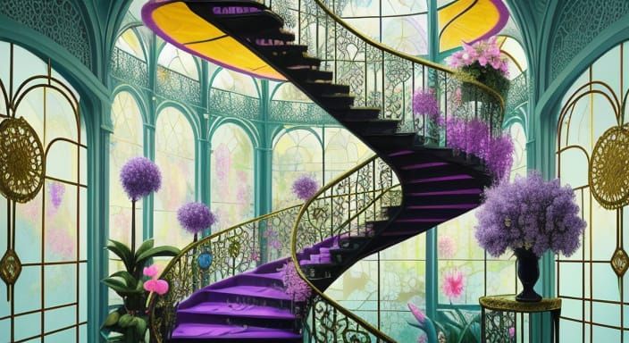Surreal Mansion Greenhouse Staircase with Ethereal Creatures