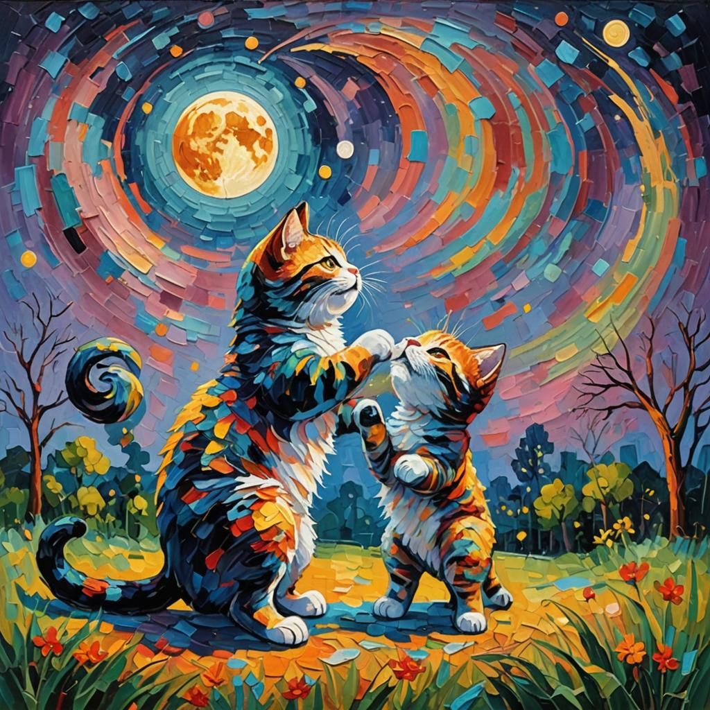 Giant Cat Plays with Moon: Neo-Impressionist Painting