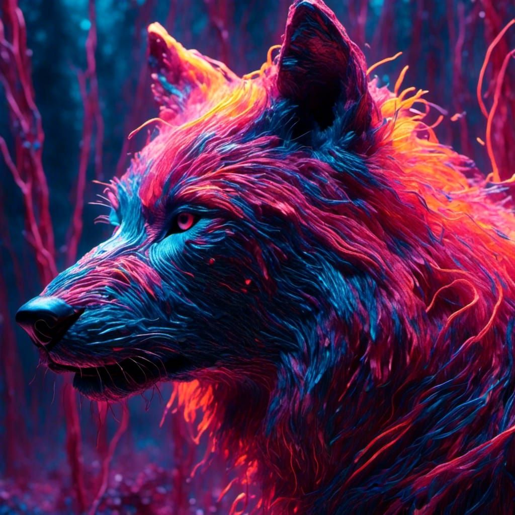 Neon Wolf Portrait in a Misty Forest