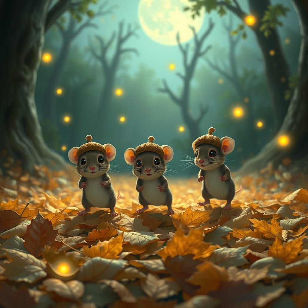 Mice Play Tag in Acorn Caps Under Moonlight