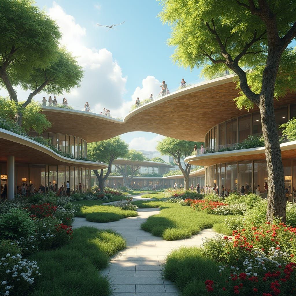 Futuristic Bionic Garden with Timber and Concrete Canopy