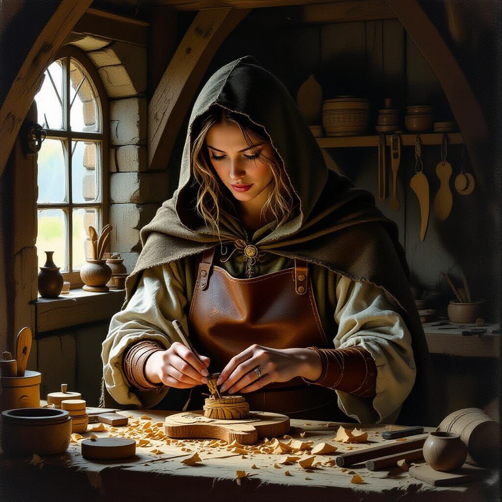 Medieval Woman Woodcarver in the Style of Classic Fantasy Ar...