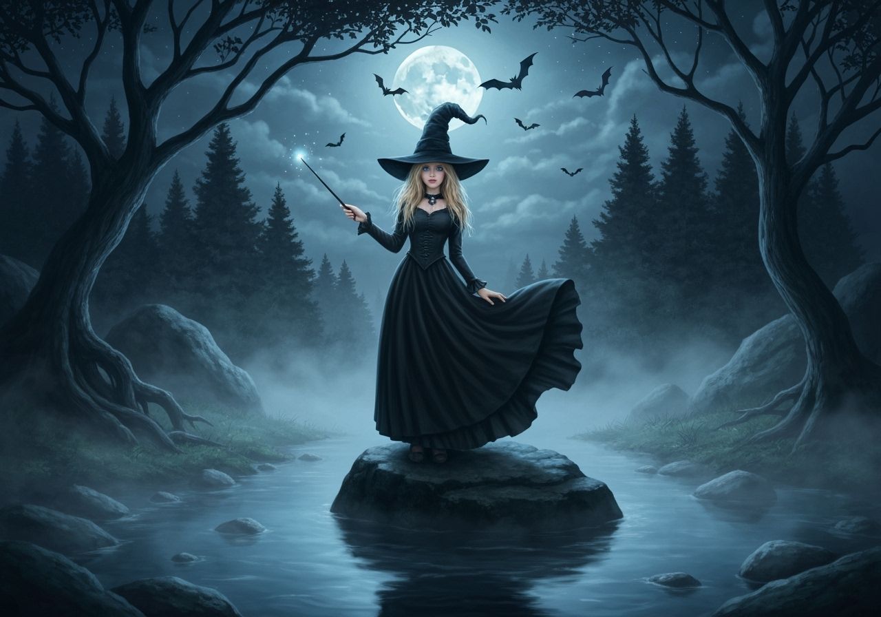 Mystical Gothic Witch in Misty Moonlit Stream